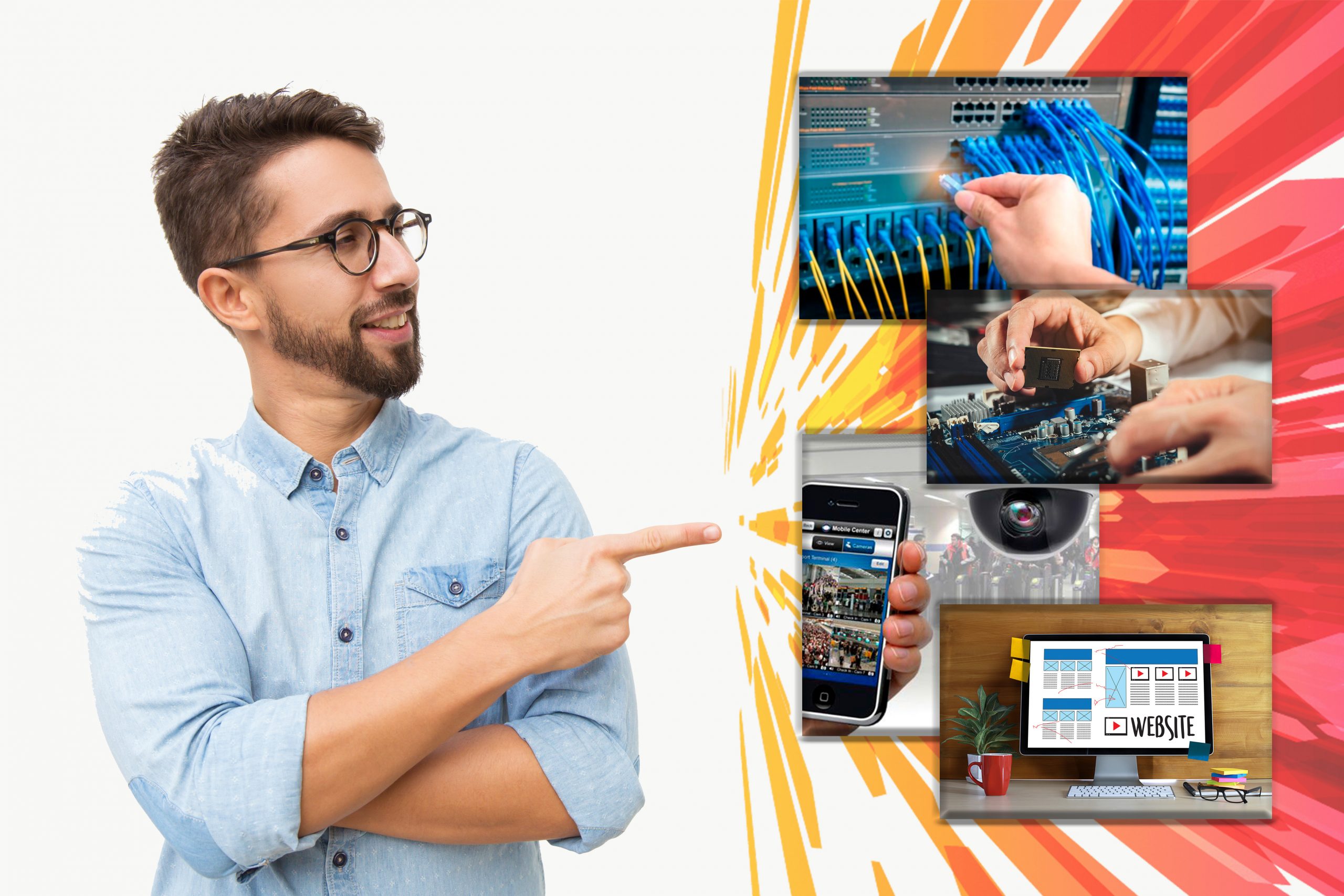 Positive male customer presenting new product, pointing finger at copy space. Handsome young man in casual shirt and glasses standing isolated over white background. Presentation concept